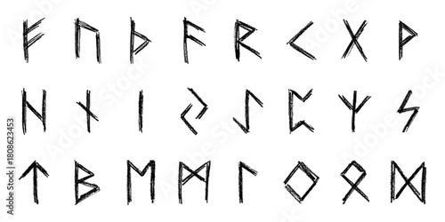 Set of hand drawn viking runes Ancient scandinavian futhark germanic celtic alphabet clipart in doodle style Single element for print, web, design, decor