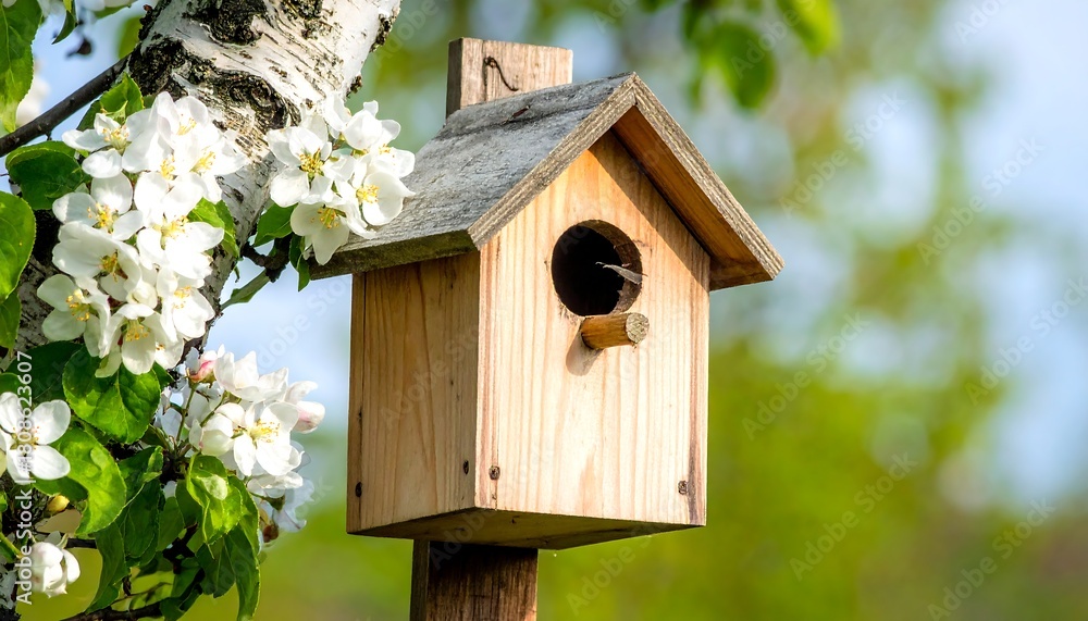 Naklejka premium A wooden birdhouse is affixed to a pole, nestled near blooming white flowers on a tree branch, against a blurred green backdrop