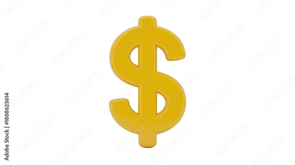 Fototapeta premium A vibrant 3D golden dollar sign, symbolizing wealth, finance, and currency, stands out against a clean dark transparent background. background removed