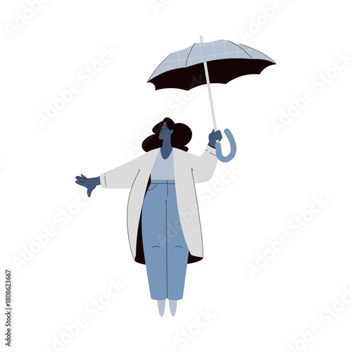 Rain with Woman Character with Umbrella Standing in Storm Weather Vector Illustration