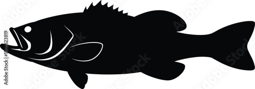 PrintSilhouette illustration of a detailed fish with fins and open mouth, perfect for fishing designs, aquatic themes, marine branding, and creative artwork