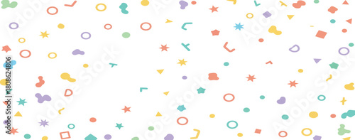 A whimsical and vibrant abstract background featuring a playful scattering of colorful irregular geometric shapes and numbers on a clean white canvas evoking a sense of joy and creativity