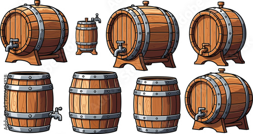 Wooden barrels and casks illustration, cartoon brewing containers, rustic liquid storage icons, vintage tap clipart, alcohol aging 