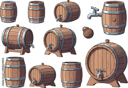 Wooden barrels and casks illustration, rustic liquid storage containers, brewing and aging icons, vintage tap clipart, cartoon design