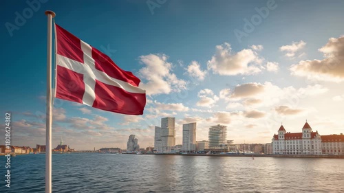 Dynamic Copenhagen waterfront scene with Denmark flag waving gently in the breeze, 4K