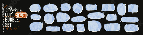  Paper cut speech bubble set. Irregular crumpled paper dialog balloons with blue halftone texture. Comic grid notebook shapes. Vector collage text box background.