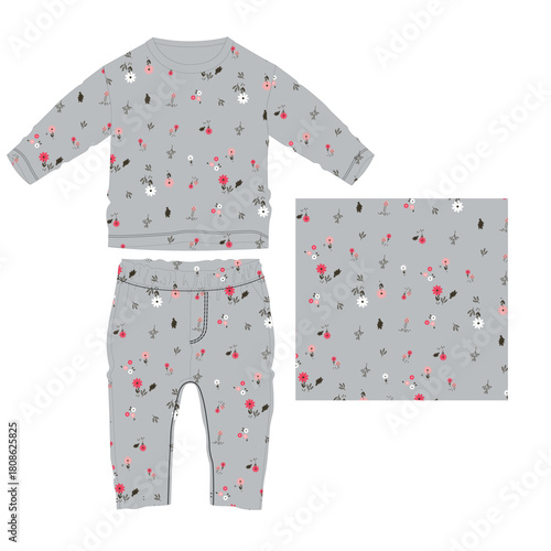 little cute flower all over print long t shirt long pant 