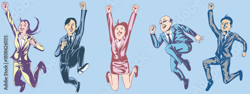 ジャンプして喜ぶビジネスマンたち、オフィスのチーム