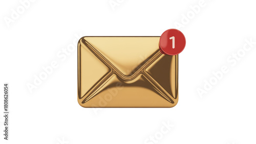 A golden mail envelope displays a red notification badge with '1', indicating an unread message. Simple, elegant, and signifying new communication. background removed