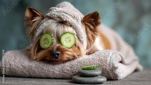 Pampered pup enjoying spa day with cucumber eye treatment and soothing massage stones, 4K