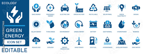 Green energy icon set. featuring renewable energy, ecology, green electricity, Green Factory, Save Energy, Solar Panel, Geothermal, Nuclear Power and more. perfect for vector icon collection.