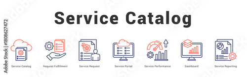 Service Catalog Modern and clean web banner illustration featuring thematic icons for visual communication