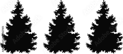 Minimalist pine tree silhouette trio, black evergreen vector icons, nature-themed winter clipart set, forest graphic elements, conifer tree shapes for seasonal design