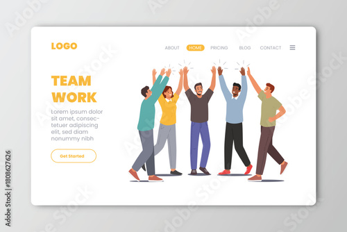 Team work flat horizontal web site banner with group of happy people vector illustration