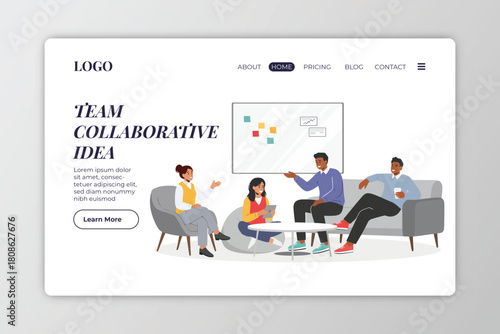 Team work flat horizontal web site banner with group of happy people vector illustration