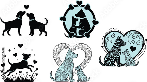 Dog illustration set, affectionate and playful poses with hearts, bones, decorative patterns, perfect for pet clipart, emotional vector art, love-themed design, silhouette