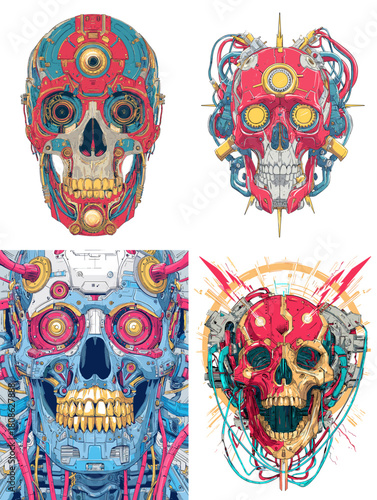 Futuristic cyber skull illustration featuring mechanical parts, circuits, and neon colors, blending sci fi technology with skeletal elements for a bold robotic aesthetic.