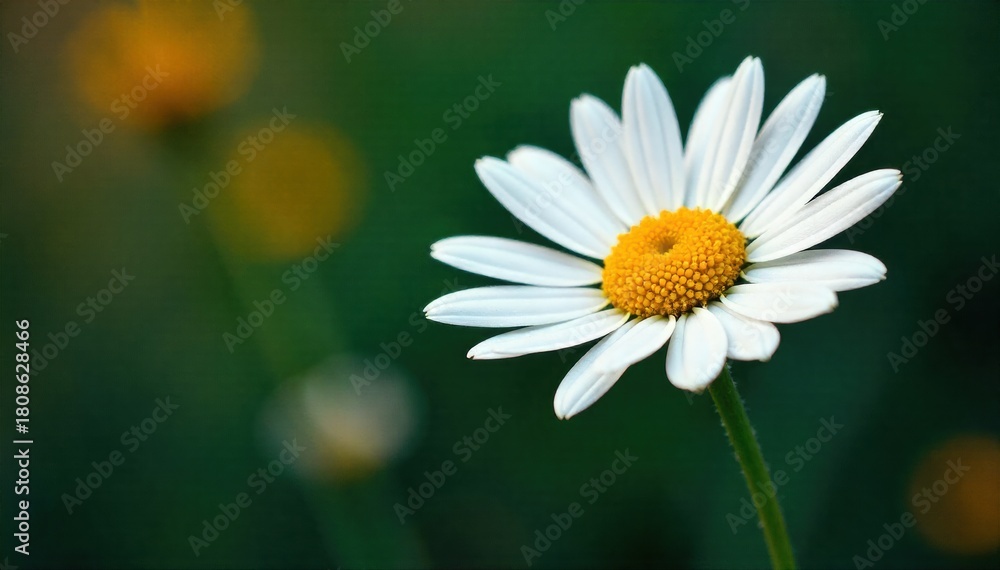 Obraz premium Close up daisy with dew drops An extreme macro shot of a single, perfect wild daisy. Tiny, sparkling dew drops cling to its white petals and yellow center. The background is a soft, dark green bokeh,
