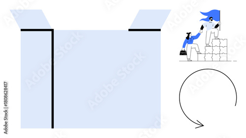 Open box symbolizing creativity and thinking beyond limits. People collaborating and climbing blocks represent teamwork, progress, and overcoming challenges. Ideal for innovation, problem-solving