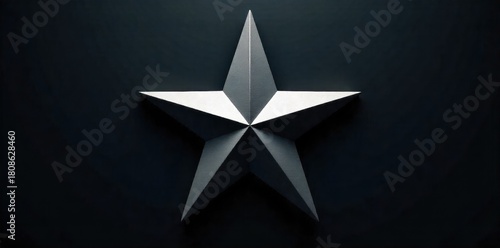 Abstract Geometric Christmas Tree Star Modern, Metallic Design on a Dark Backdrop A modern, abstract geometric star ornament with sharp edges and a highly reflective metallic surface. It is set