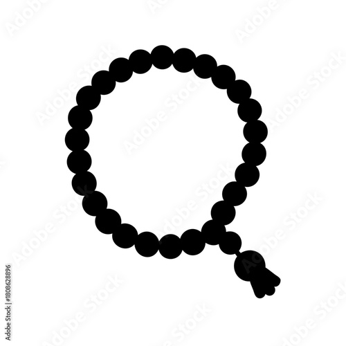 Minimalist illustration of a prayer bead mala in black and white