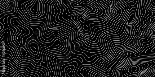 Monochrome topographic contour lines on black background for mapping and cartography