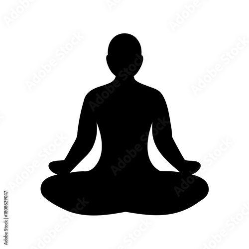 Black silhouette of a person meditating in lotus pose on white background