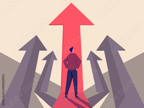 Choosing the right path a man stands before arrow choices