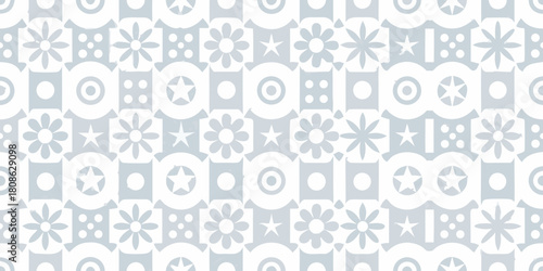 Retro geometric pattern with flowers stars and circles in light blue and white