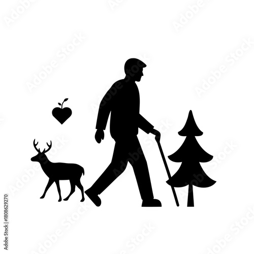 Silhouette of a person walking with a cane alongside a deer and pine tree