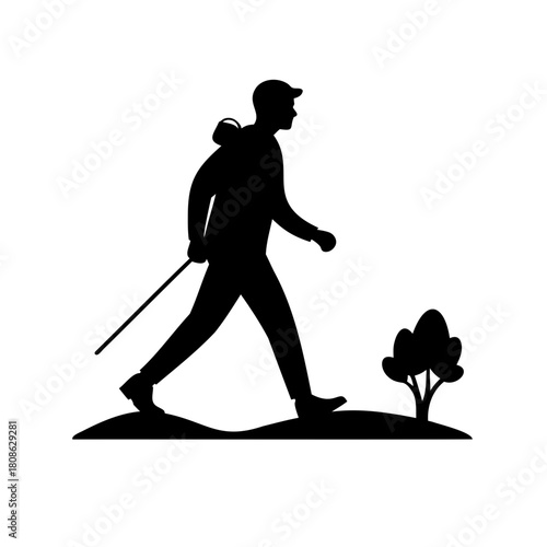 Silhouette illustration of a man hiking with a walking stick and backpack