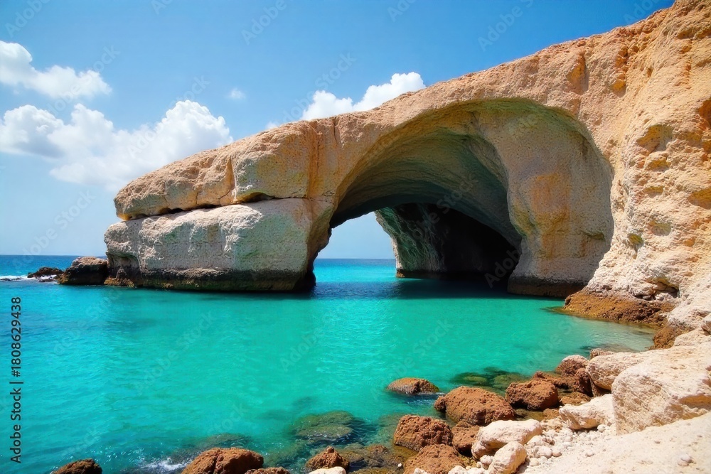 Fototapeta premium Secluded cove with a natural rock archway carved by the ocean, surrounded by turquoise water. A secluded Bahamian cove featuring a naturally sculpted rock archway. The clear turquoise ocean water