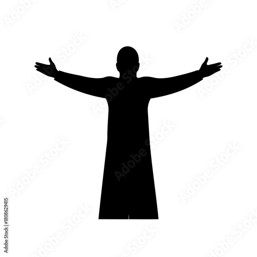Black silhouette of a person standing with arms outstretched in a robe