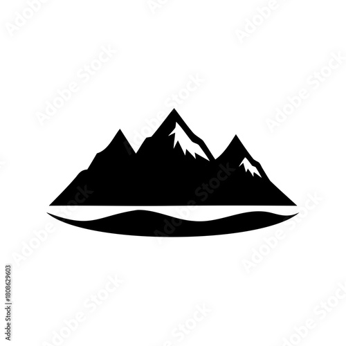 Minimalist black and white illustration of mountain range and a lake beneath
