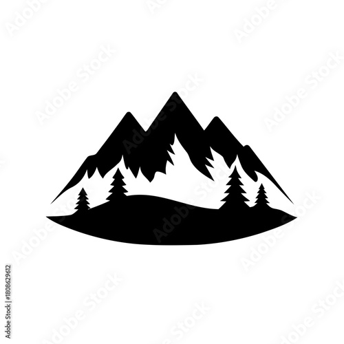 Minimalist monochrome mountains and trees landscape illustration in black and white