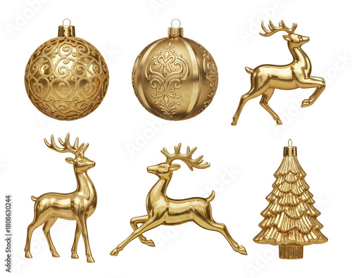 Set of golden Christmas ornaments including baubles, reindeer, and tree isolated on white.