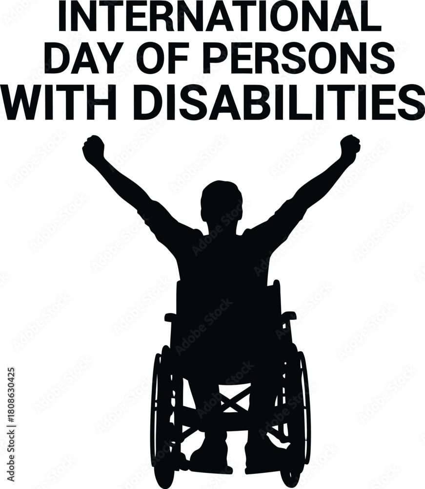 Fototapeta premium Silhouette of a person in a wheelchair raising arms for the International Day of Persons with Disabilities