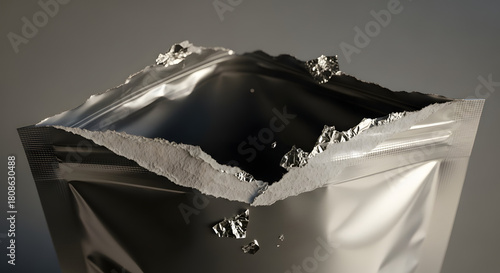 Opened stylish silver foil package, modern branding with torn edges for product mockup