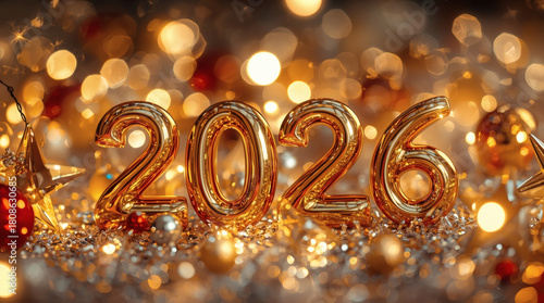 Banner. Shiny gold numbers 2026 and a beautiful bokeh on a red background. Happy New Year and Christmas.