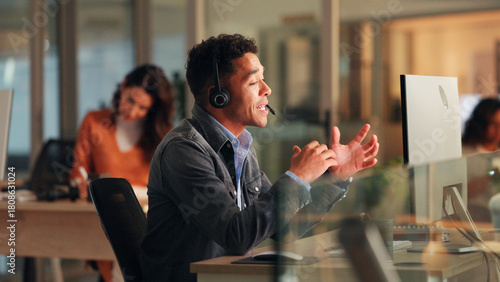 Man, explain and headset with computer in call centre for customer service, online query and billing. Agent, pc and consultation for payment solution, client information and script for refund request