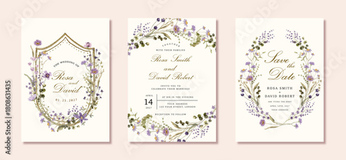 wedding invitation card set with purple wildflower watercolor frame