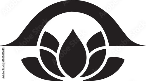 Stylized black lotus flower and arch symbol on a white background, representing zen, wellness, harmony, peace.