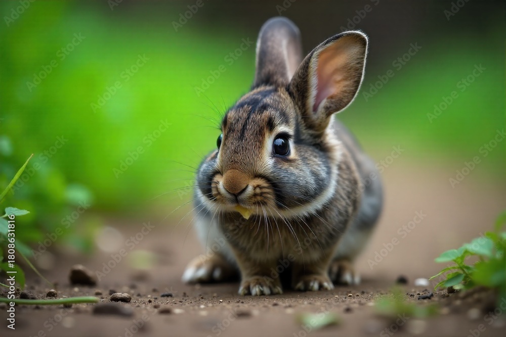 Fototapeta premium Bunny cautiously nibbling a leafy green vegetable in a rustic garden setting. A small, fluffy rabbit, its eyes alert, delicately taking a bite from a large, fresh green lettuce leaf. The scene is set