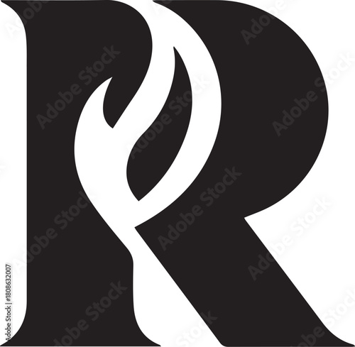 Stylized uppercase letter r with integrated white flowing flame or leaf shape. modern creative logo design