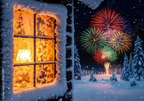 A split scene showing a cozy, warmly lit interior through a snowy, frosted cabin window on the left, contrasted with a cold winter landscape and colorful fireworks display outside on the right.
