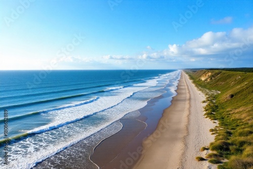 Fototapeta Naklejka Na Ścianę i Meble -  Baltic Sea Coastline in Summer A peaceful Estonian coastline on a bright summer day. Gentle, clear blue waves roll onto a sandy beach. Distant, dark green pine trees stand against a vast, cloudless