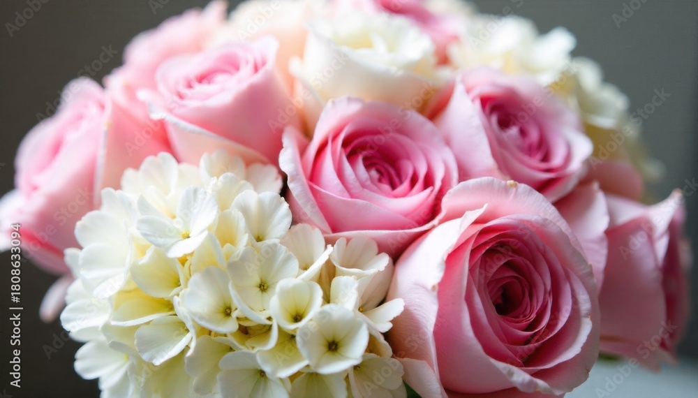 Obraz premium Delicate pastel bouquet arrangement with soft lighting, symbolizing spring and romance. A close up, overhead shot of a beautifully arranged bouquet of pastel colored flowers including roses, peonies,
