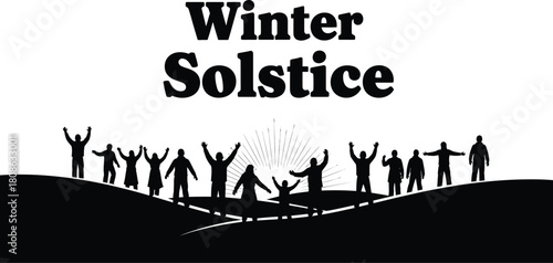 Winter solstice illustration featuring people celebrating on a hill