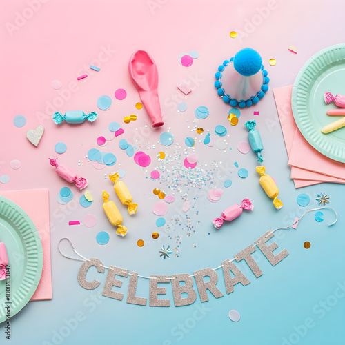 Overhead flat lay of colorful party supplies scattered across a pink and blue gradient background.