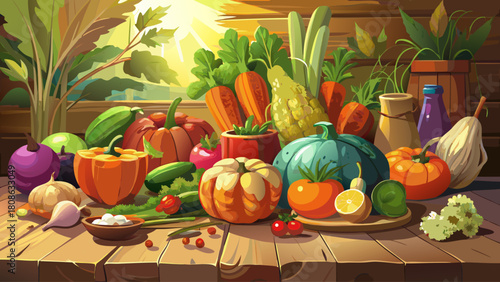 Assorted seasonal vegetables arranged on a rustic wooden table, illuminated by warm sunlight for a natural, earthy ambiance
